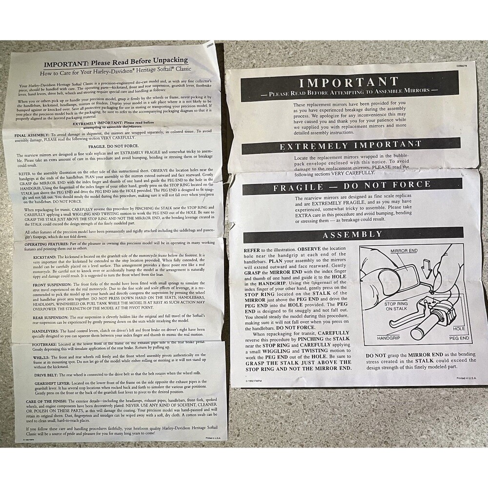 Franklin Mint 1:10 Harley Heritage Softail Classic Instructions Paperwork ONLY
